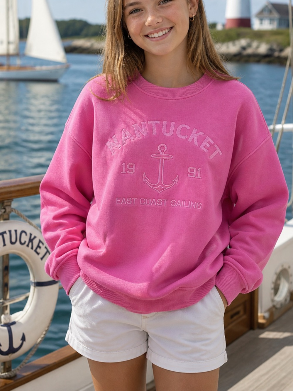 NWT Girls Nantucket Pink Nautical Sweatshirt | Anchor Graphic